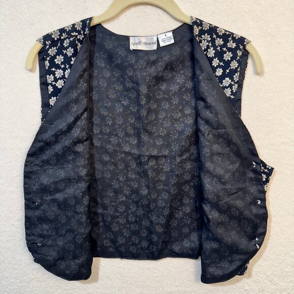 Spellbound Rayon Navy Blue White Floral 90's VTG Vest Button Front Size Large - Picture 2 of 5
